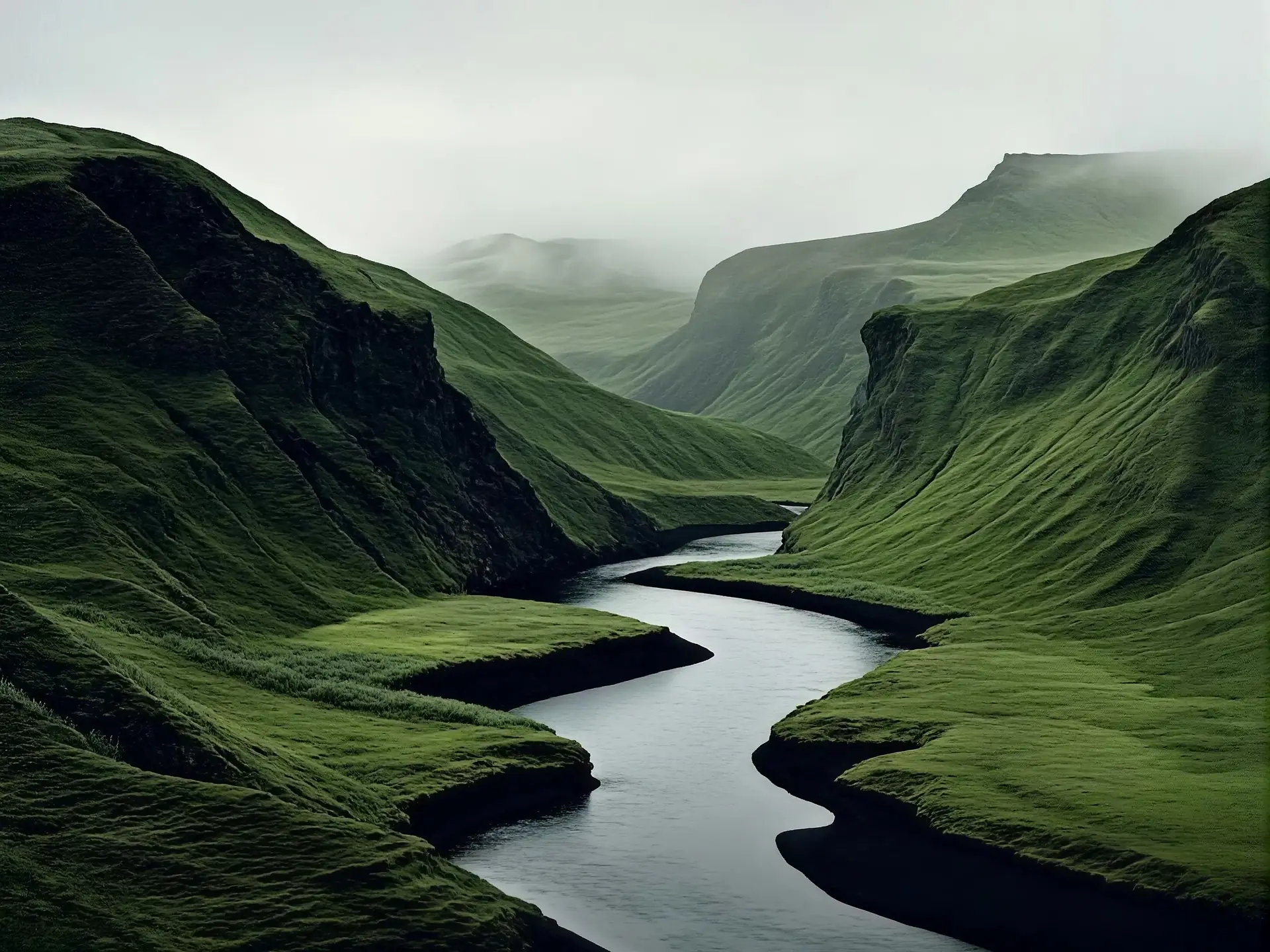 A river winding through a steep green valley